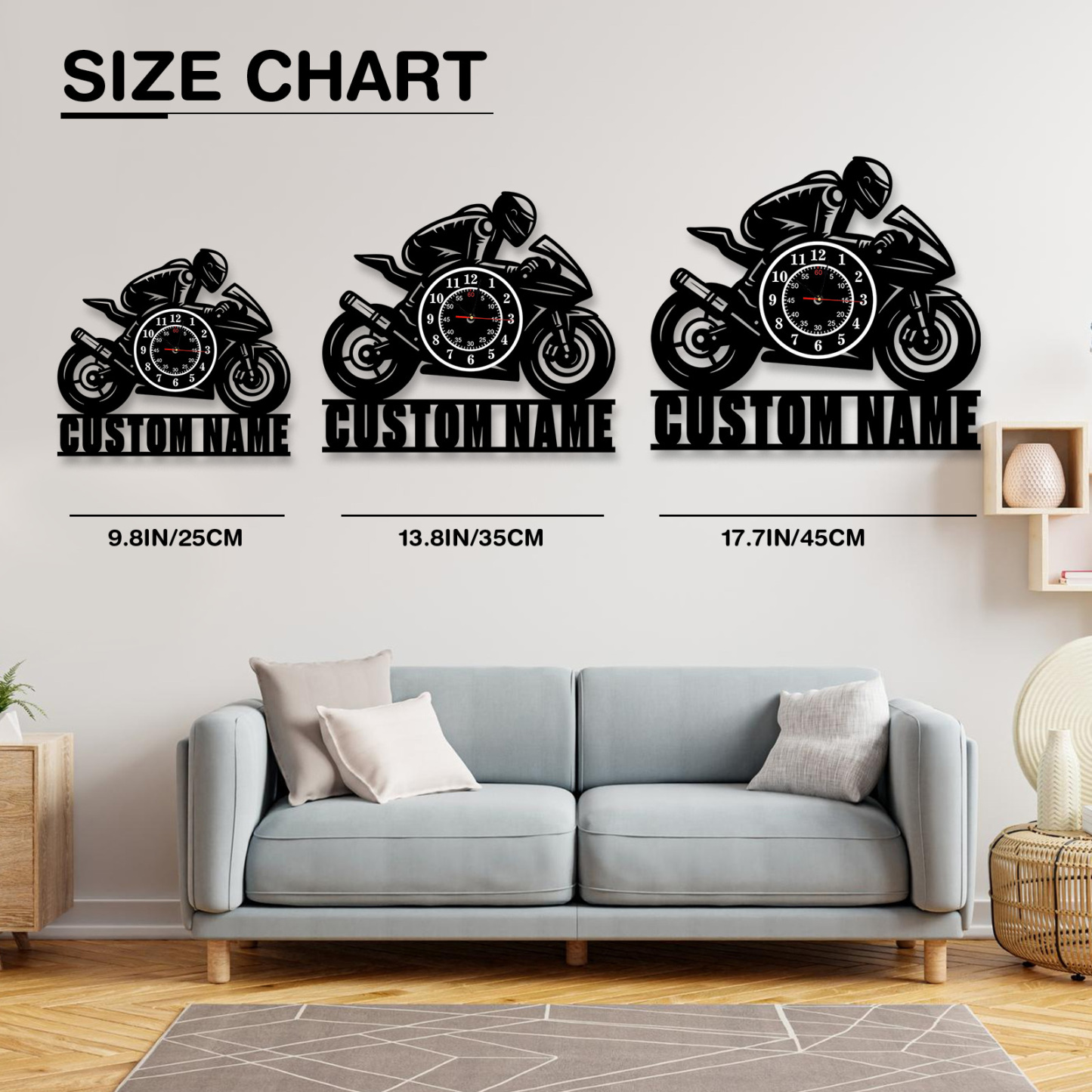 Personalized Motorcycle Metal Wall Clock with Custom Name, Sport Bike Silhouette Garage Decor, Silent Industrial Wall Art for Man Cave