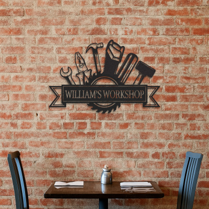 Custom William's Workshop Metal Sign with Tools, Personalized Metal Garage Decor for Dad, Grandpa or Him, Great Gift for Father’s Day or Birthday