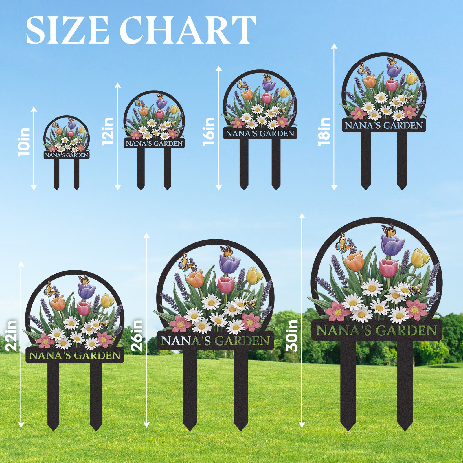 Personalized Colorful Garden Sign with Butterflies and Daisies, Custom Metal Yard Stake with Tulips and Bees, Floral Garden Decor Name Sign for Outdoor Patio or Backyard