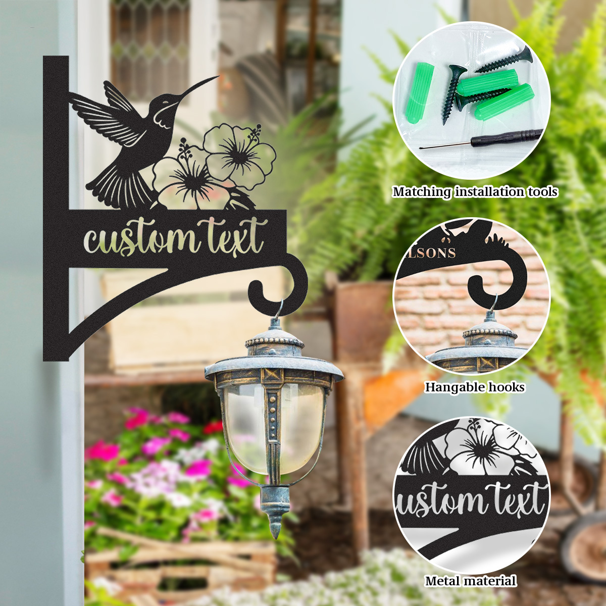 Custom Hummingbird Flower Plant Hanger, Personalized Outdoor Metal Wall Hook for Hanging Baskets, Bird Feeders or Lanterns, Elegant Garden Sign Decor