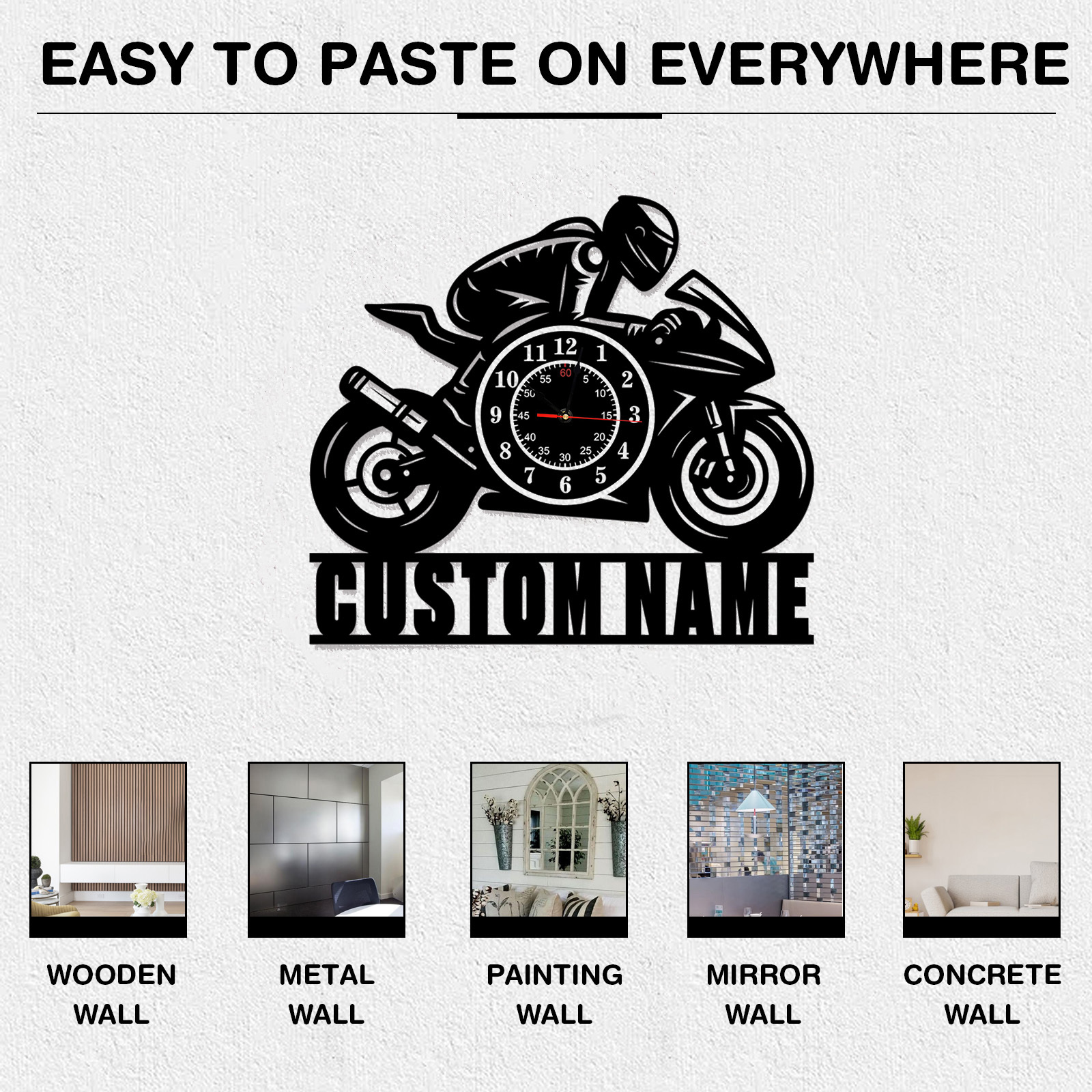 Personalized Motorcycle Metal Wall Clock with Custom Name, Sport Bike Silhouette Garage Decor, Silent Industrial Wall Art for Man Cave