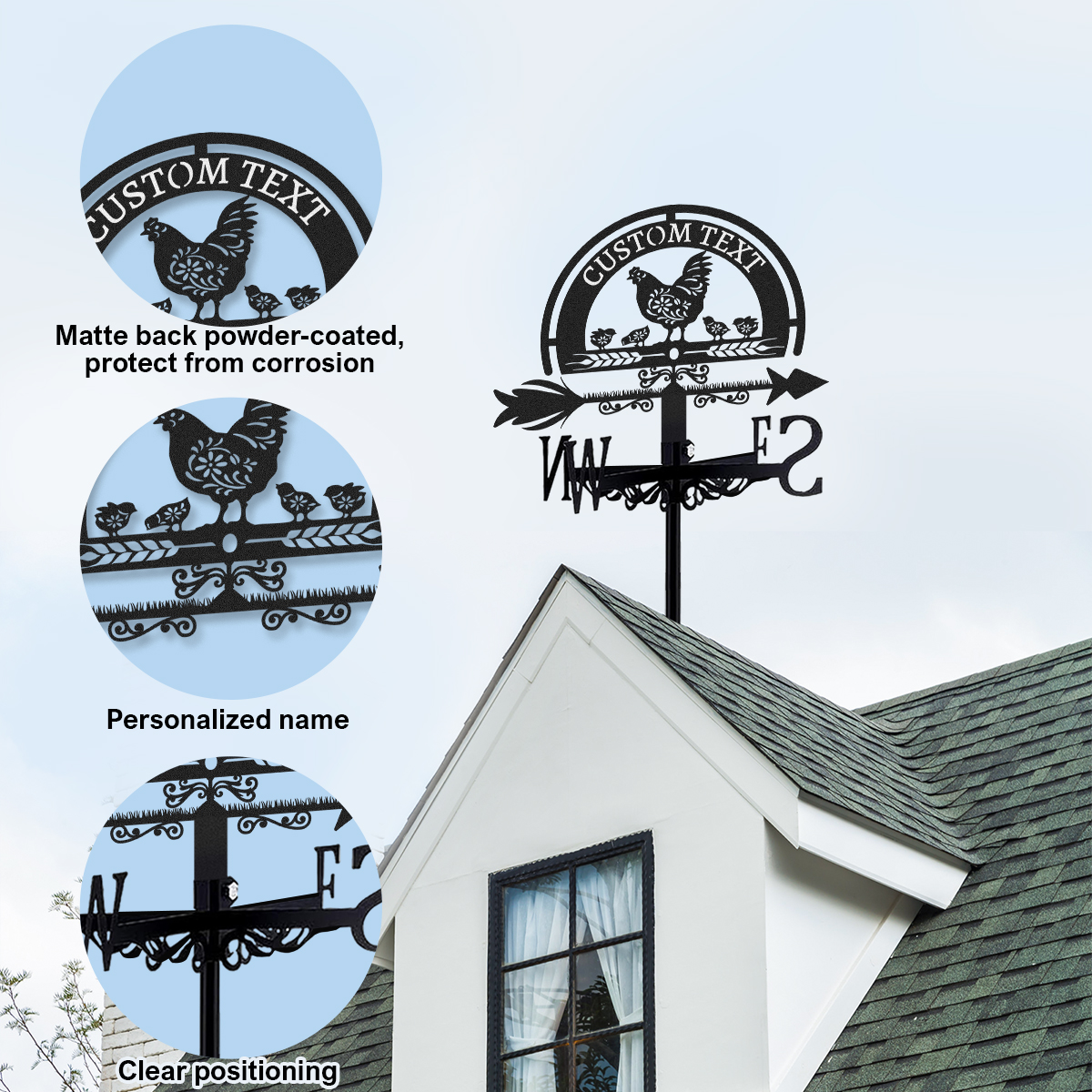 Personalized Chicken Family Metal Weather Vane with Custom Text, Farmhouse Roof Wind Direction Indicator Outdoor Yard Barn Decor