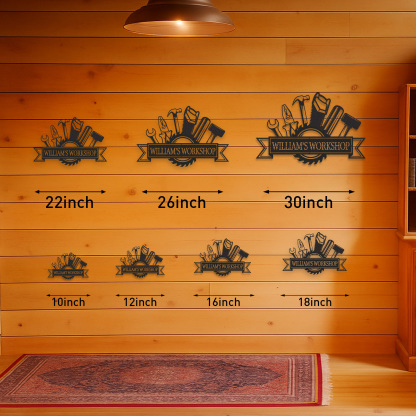 Custom William's Workshop Metal Sign with Tools, Personalized Metal Garage Decor for Dad, Grandpa or Him, Great Gift for Father’s Day or Birthday