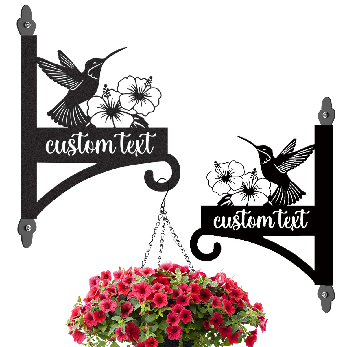 Custom Hummingbird Flower Plant Hanger, Personalized Outdoor Metal Wall Hook for Hanging Baskets, Bird Feeders or Lanterns, Elegant Garden Sign Decor
