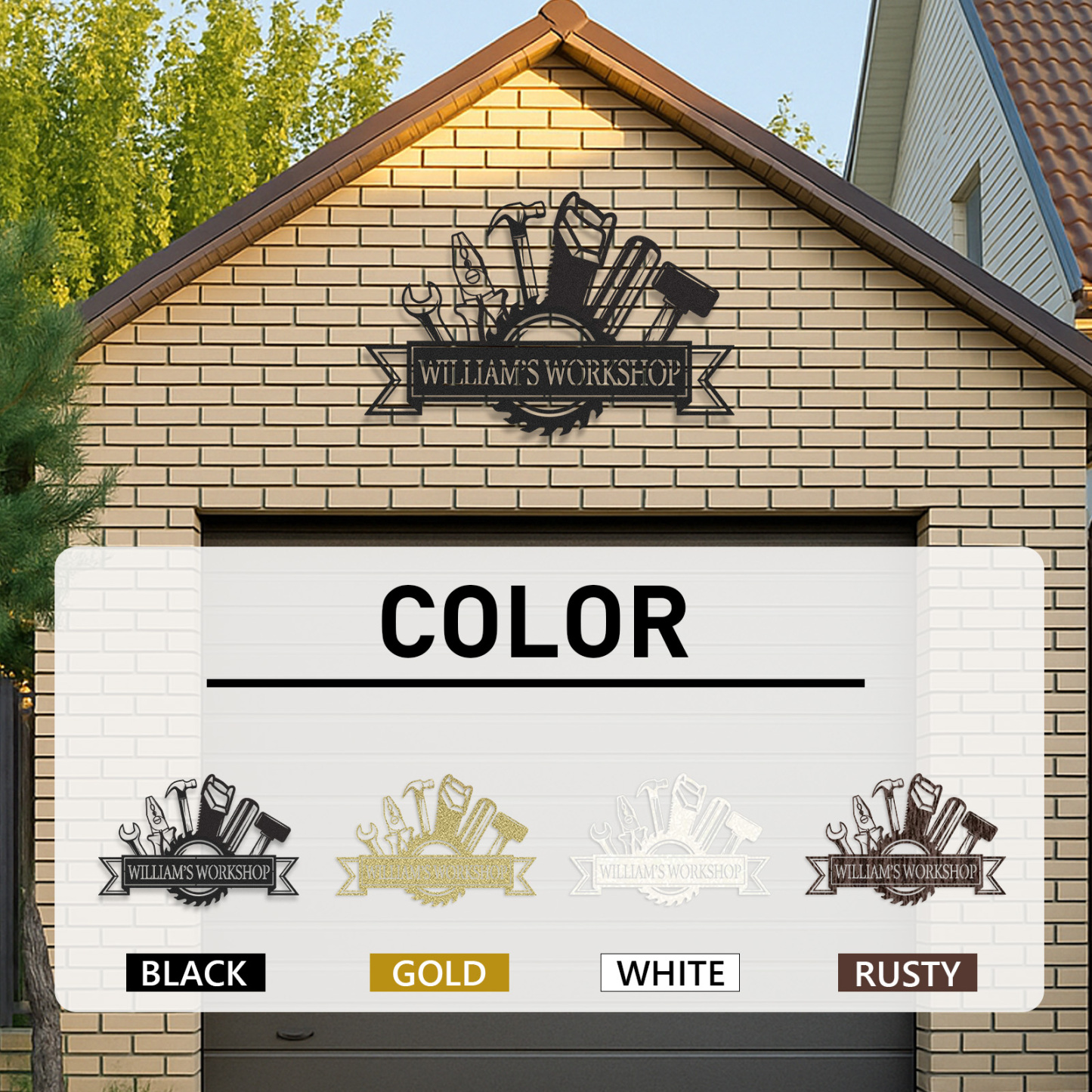 Custom William's Workshop Metal Sign with Tools, Personalized Metal Garage Decor for Dad, Grandpa or Him, Great Gift for Father’s Day or Birthday