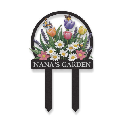 Personalized Colorful Garden Sign with Butterflies and Daisies, Custom Metal Yard Stake with Tulips and Bees, Floral Garden Decor Name Sign for Outdoor Patio or Backyard
