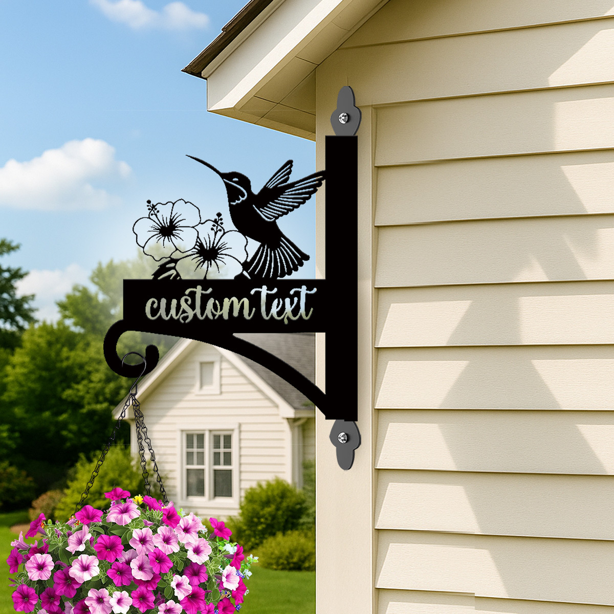 Custom Hummingbird Flower Plant Hanger, Personalized Outdoor Metal Wall Hook for Hanging Baskets, Bird Feeders or Lanterns, Elegant Garden Sign Decor