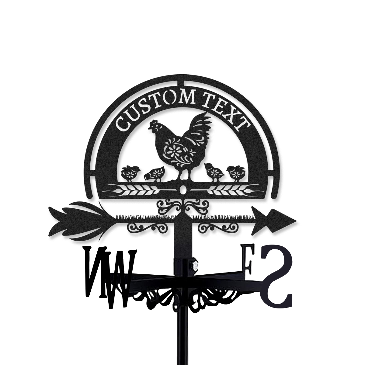 Personalized Chicken Family Metal Weather Vane with Custom Text, Farmhouse Roof Wind Direction Indicator Outdoor Yard Barn Decor