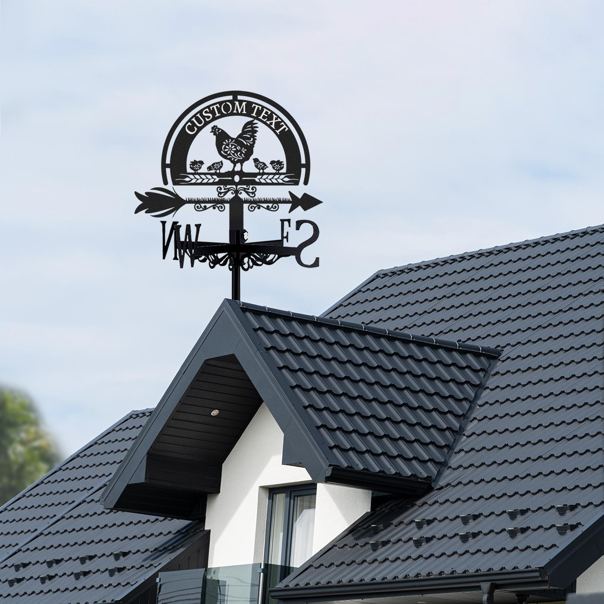 Personalized Chicken Family Metal Weather Vane with Custom Text, Farmhouse Roof Wind Direction Indicator Outdoor Yard Barn Decor
