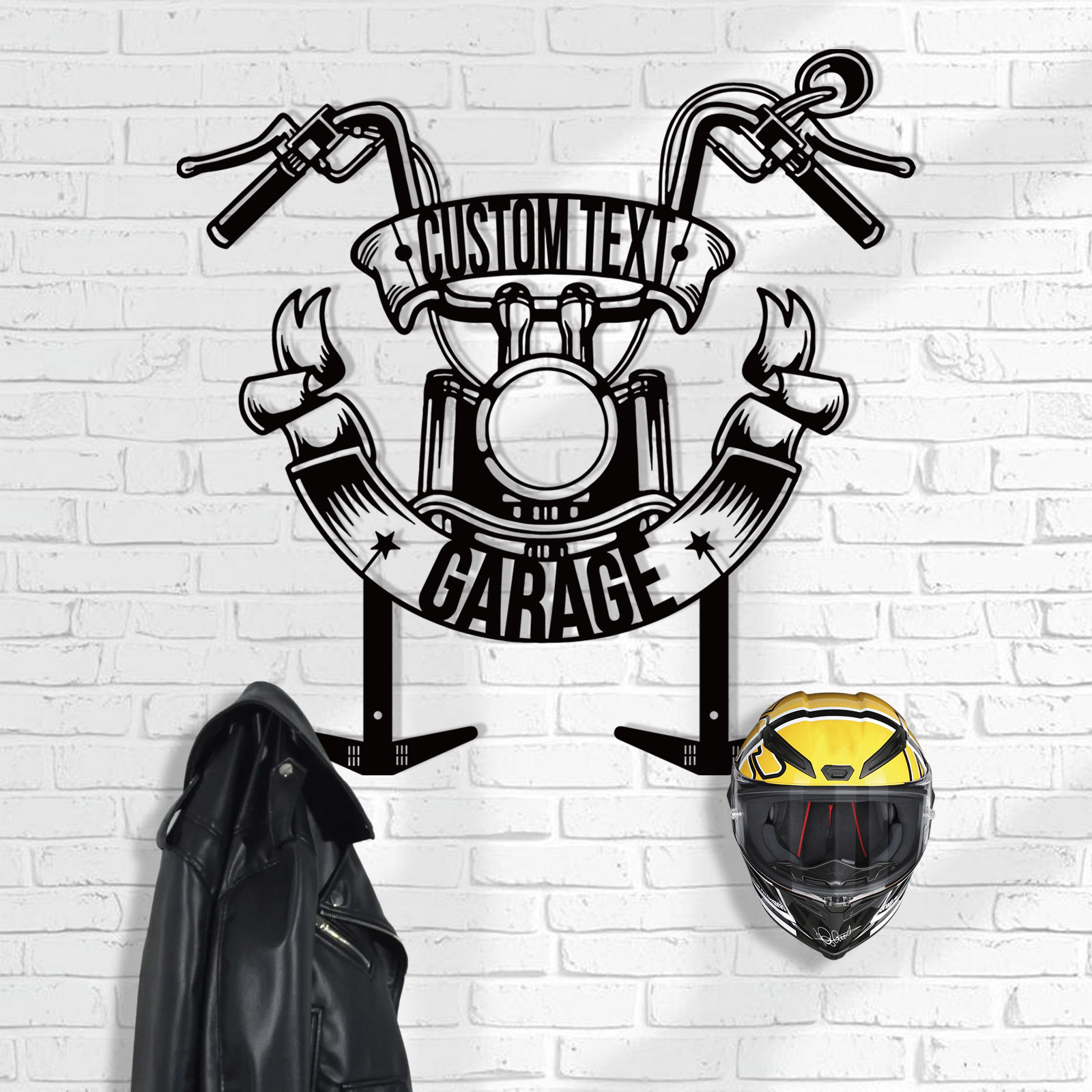 Personalized Garage Motorcycle Helmet Holder, Custom Name Metal Wall Mount Rack with Hooks, Biker Garage Wall Art Decor for Helmet, Jacket, Keys