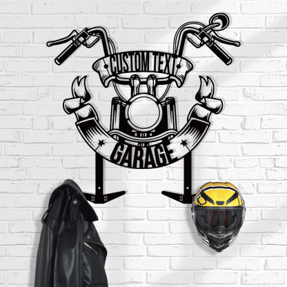 Personalized Garage Motorcycle Helmet Holder, Custom Name Metal Wall Mount Rack with Hooks, Biker Garage Wall Art Decor for Helmet, Jacket, Keys