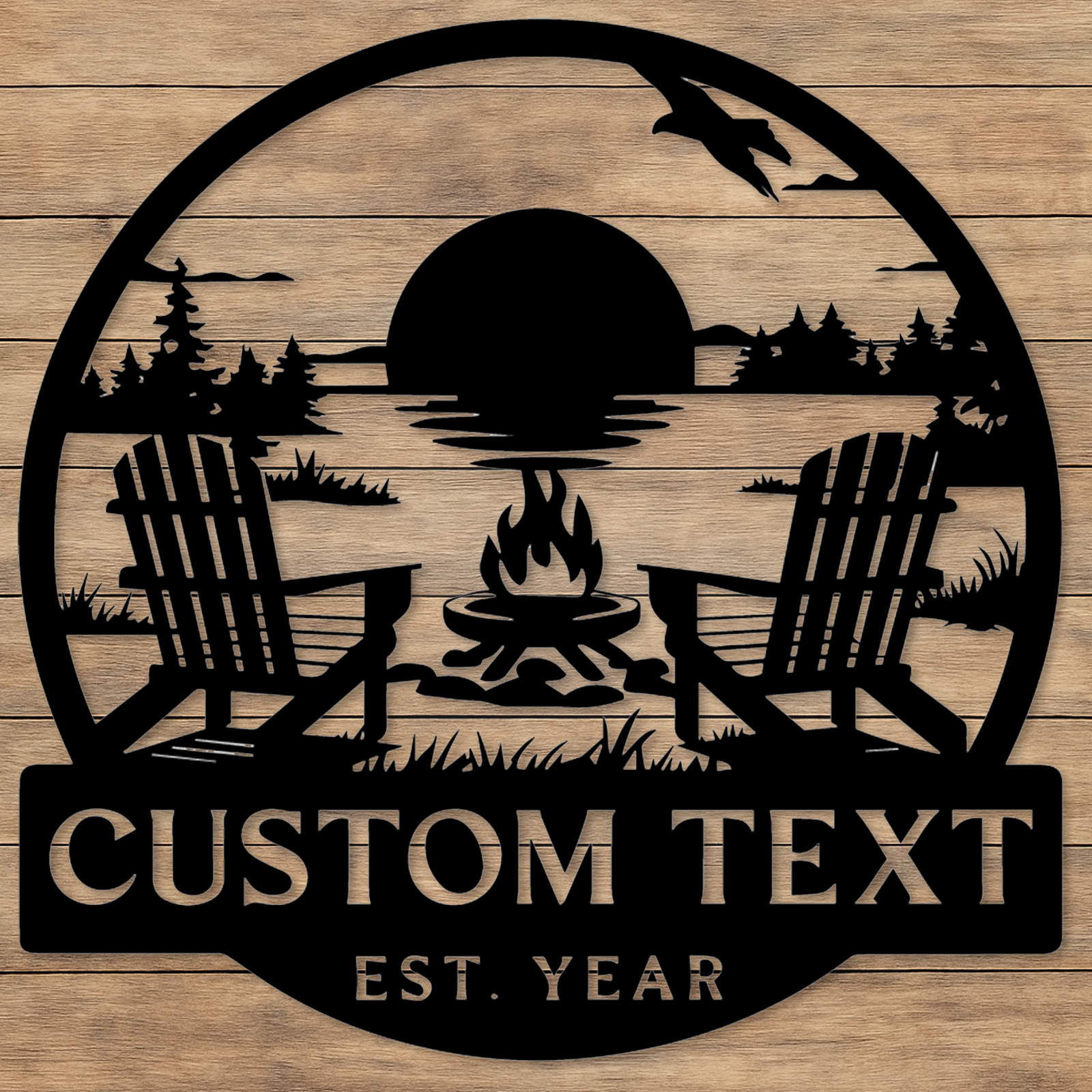 Custom Lake House Metal Sign, Personalized Adirondack Chair and Firepit Wall Art, Cabin Sunset Scene for Outdoor or Porch Decor