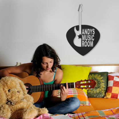 Personalized Guitar Pick Metal Sign, Custom Music Room Wall Art with Electric Guitar, Gift for Guitar Players