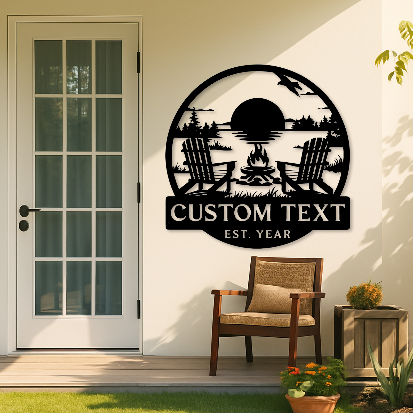 Custom Lake House Metal Sign, Personalized Adirondack Chair and Firepit Wall Art, Cabin Sunset Scene for Outdoor or Porch Decor