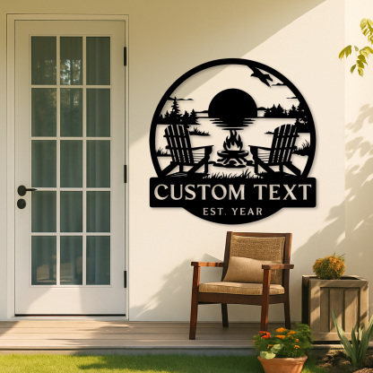 Custom Lake House Metal Sign, Personalized Adirondack Chair and Firepit Wall Art, Cabin Sunset Scene for Outdoor or Porch Decor