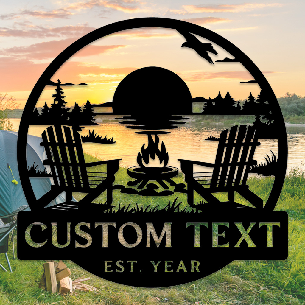 Custom Lake House Metal Sign, Personalized Adirondack Chair and Firepit Wall Art, Cabin Sunset Scene for Outdoor or Porch Decor