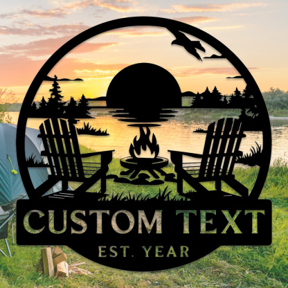 Custom Lake House Metal Sign, Personalized Adirondack Chair and Firepit Wall Art, Cabin Sunset Scene for Outdoor or Porch Decor