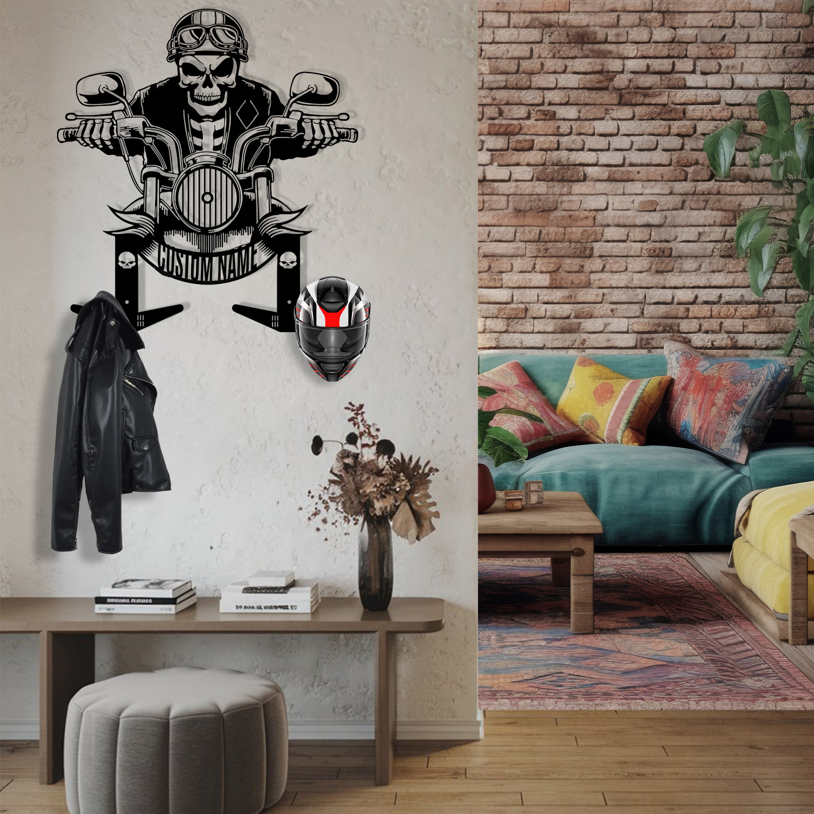 Personalized Skeleton Rider Motorcycle Helmet Holder with Hooks, Custom Name Skull Helmet Rack Wall Mount, Biker Gift for Garage Decor, Jacket Coat Organizer