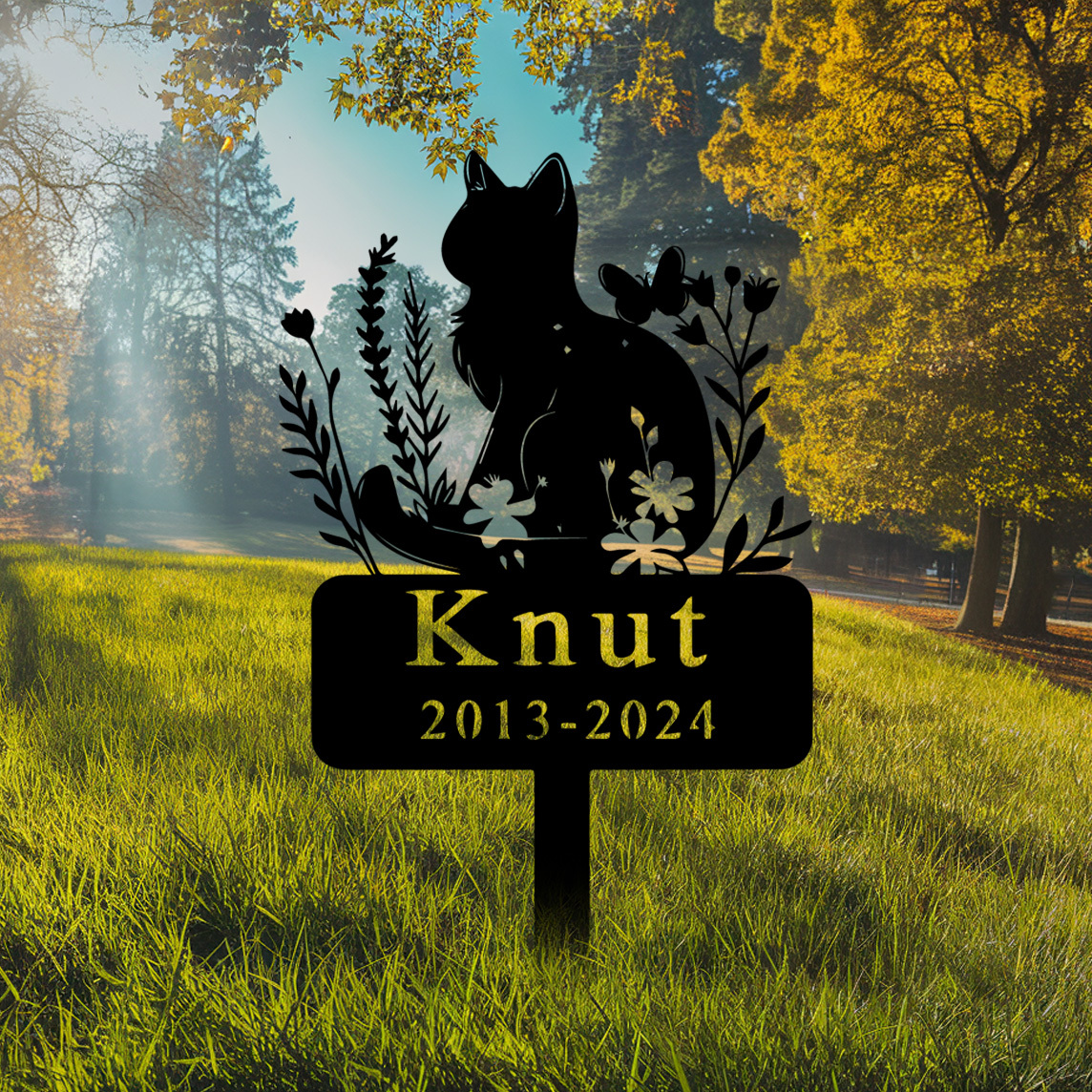 Personalized Cat Memorial Stake,Cat Metal Grave Marker with Flowers, Loss of Cat Sympathy Gift