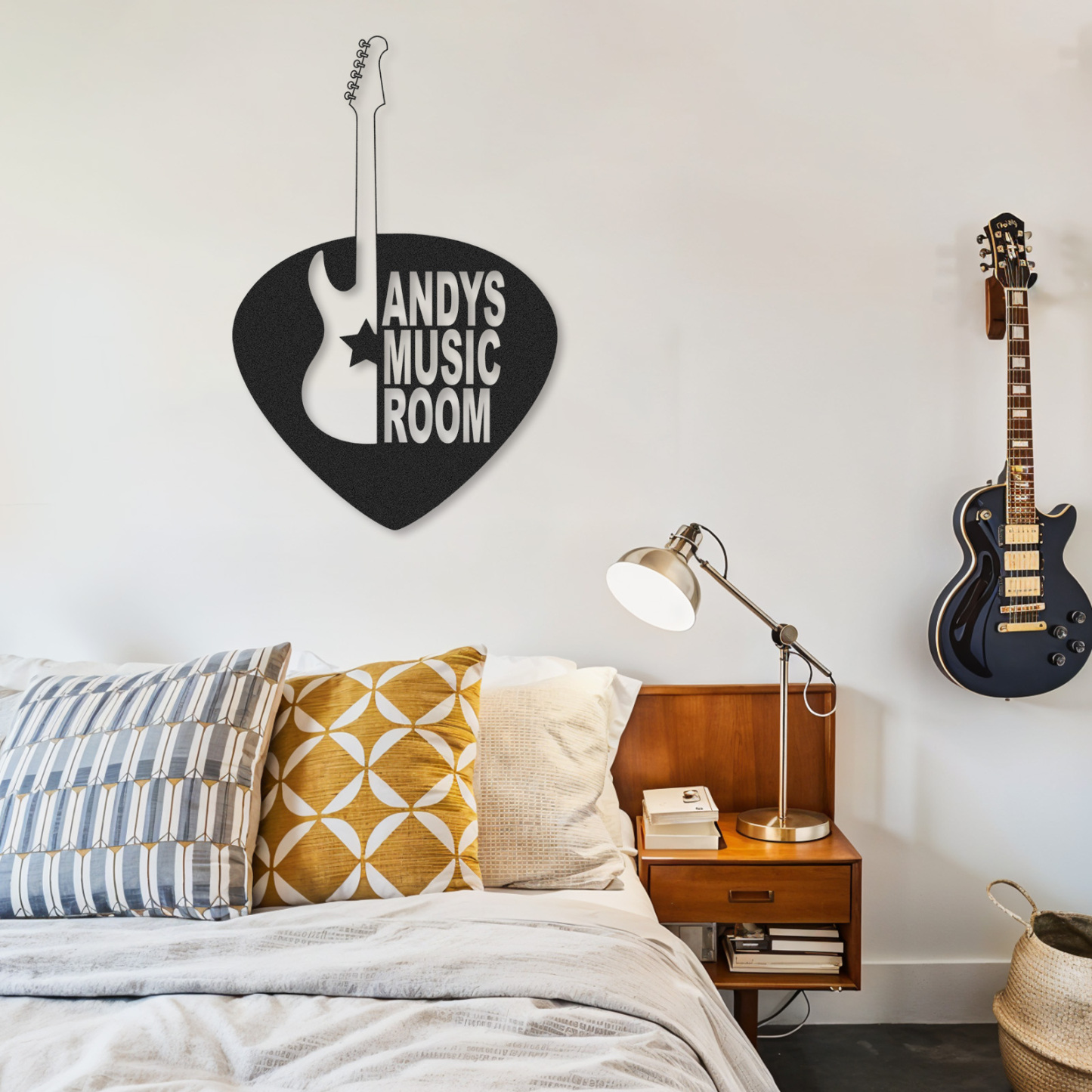 Personalized Guitar Pick Metal Sign, Custom Music Room Wall Art with Electric Guitar, Gift for Guitar Players
