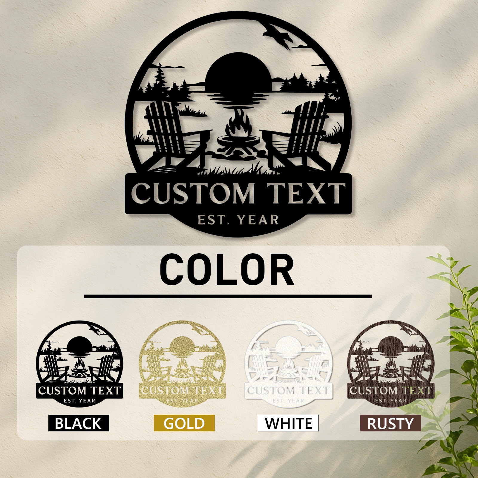 Custom Lake House Metal Sign, Personalized Adirondack Chair and Firepit Wall Art, Cabin Sunset Scene for Outdoor or Porch Decor