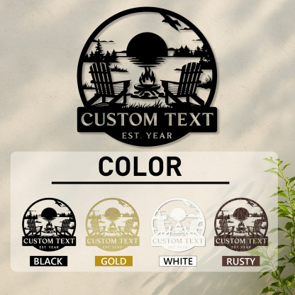 Custom Lake House Metal Sign, Personalized Adirondack Chair and Firepit Wall Art, Cabin Sunset Scene for Outdoor or Porch Decor