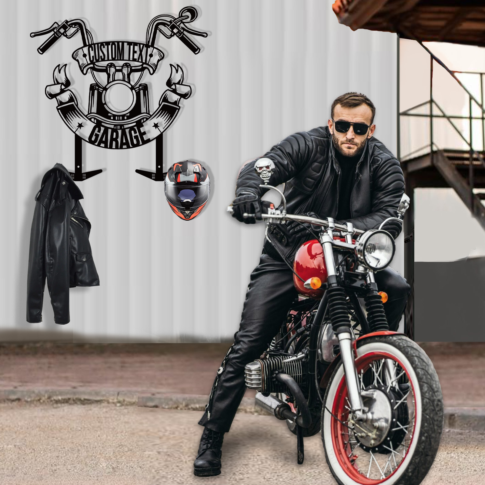 Personalized Garage Motorcycle Helmet Holder, Custom Name Metal Wall Mount Rack with Hooks, Biker Garage Wall Art Decor for Helmet, Jacket, Keys