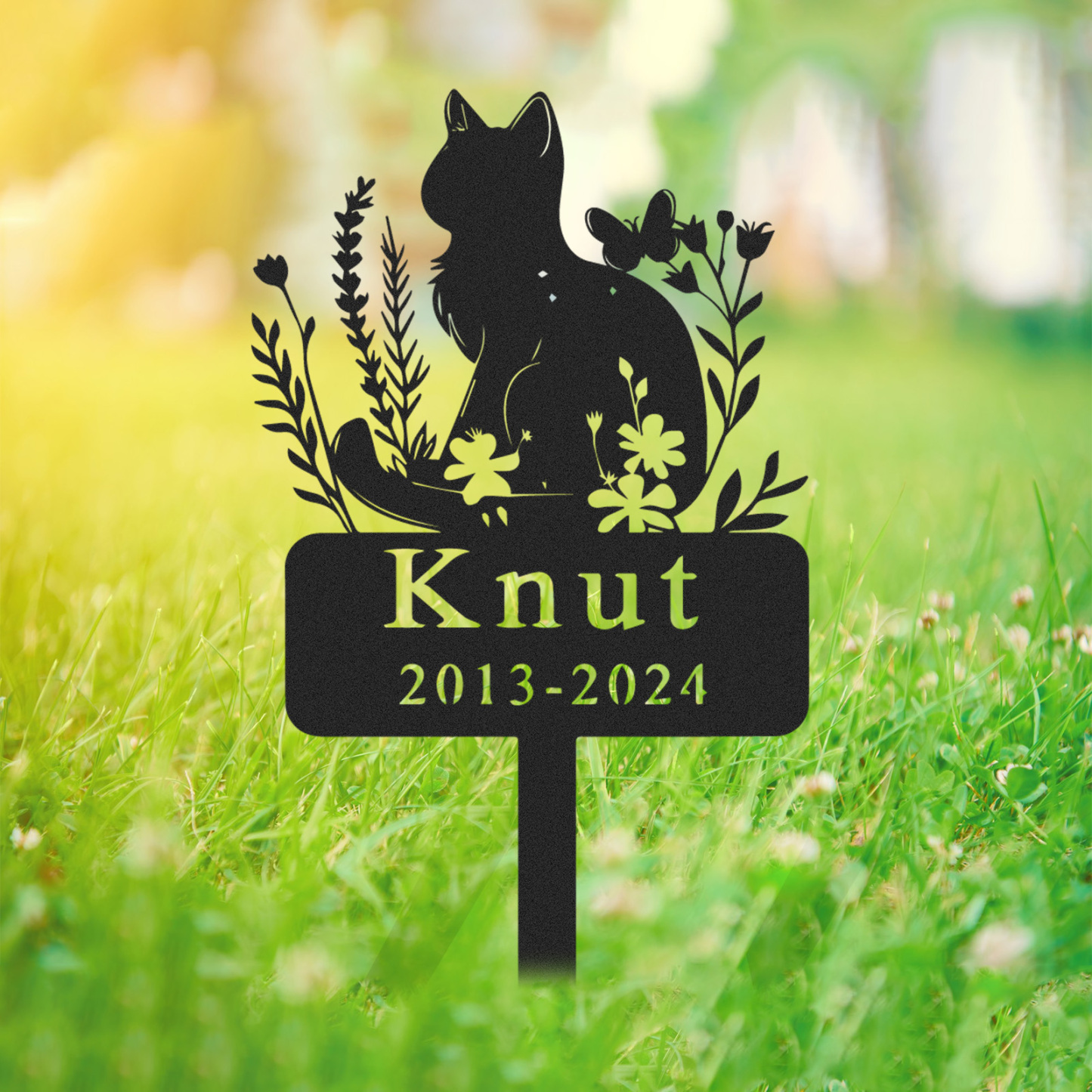 Personalized Cat Memorial Stake,Cat Metal Grave Marker with Flowers, Loss of Cat Sympathy Gift