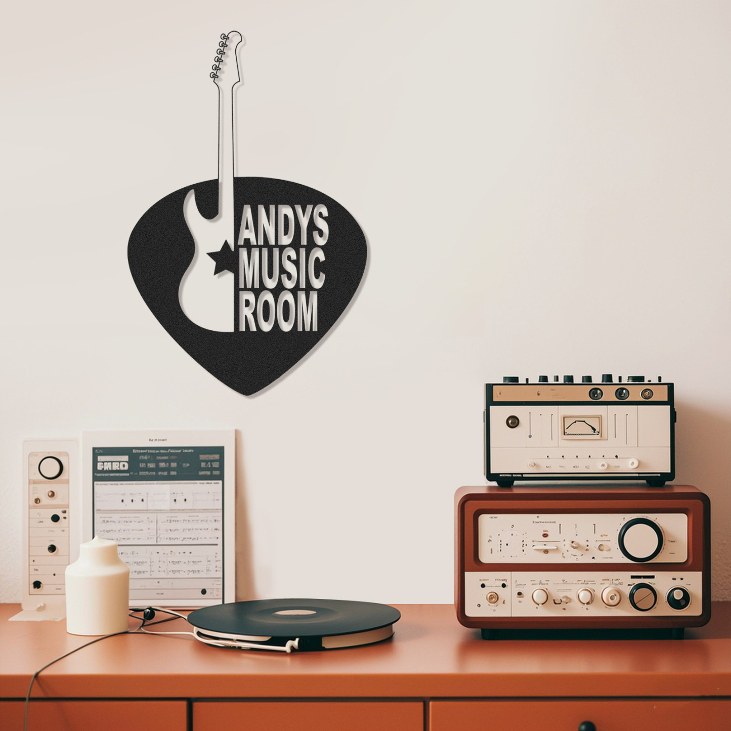 Personalized Guitar Pick Metal Sign, Custom Music Room Wall Art with Electric Guitar, Gift for Guitar Players