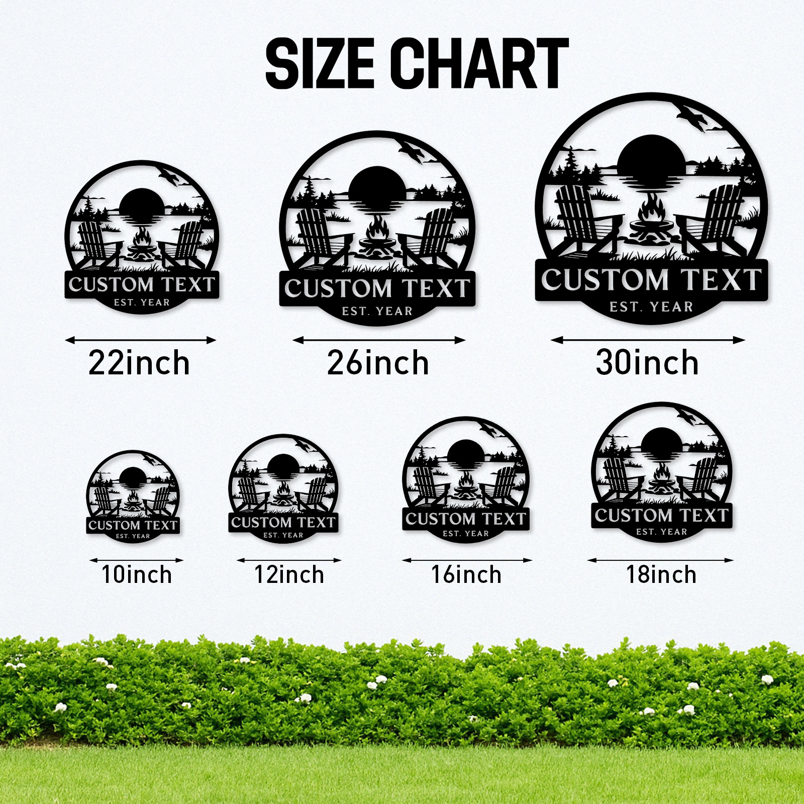 Custom Lake House Metal Sign, Personalized Adirondack Chair and Firepit Wall Art, Cabin Sunset Scene for Outdoor or Porch Decor