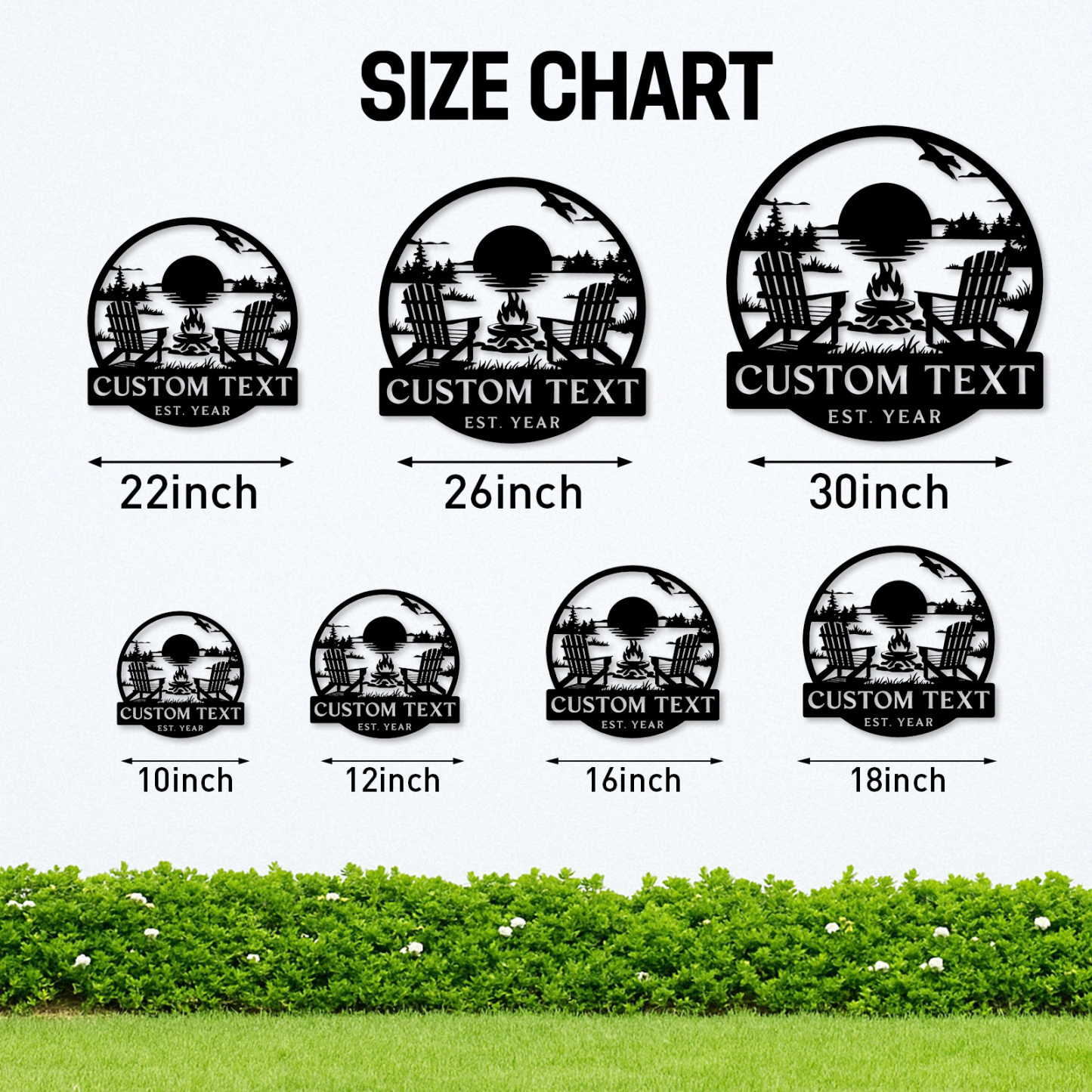 Custom Lake House Metal Sign, Personalized Adirondack Chair and Firepit Wall Art, Cabin Sunset Scene for Outdoor or Porch Decor