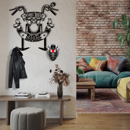 Personalized Garage Motorcycle Helmet Holder, Custom Name Metal Wall Mount Rack with Hooks, Biker Garage Wall Art Decor for Helmet, Jacket, Keys