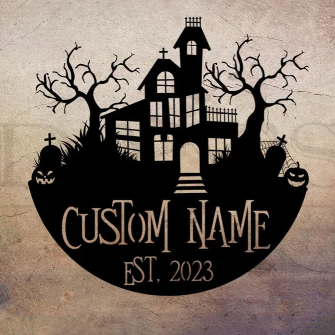 Custom Haunted House Halloween Metal Sign, Personalized Spooky Wall Decor with Family Name, Halloween Front Door Sign