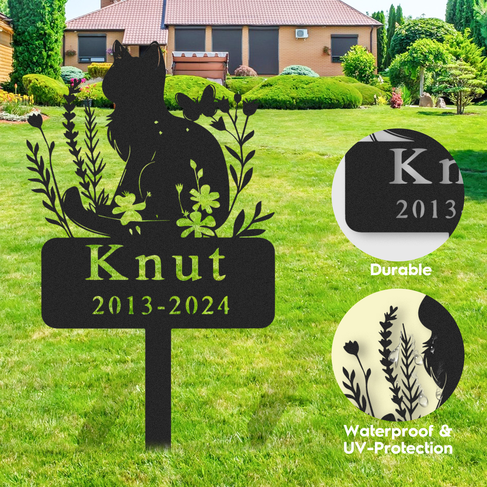 Personalized Cat Memorial Stake,Cat Metal Grave Marker with Flowers, Loss of Cat Sympathy Gift