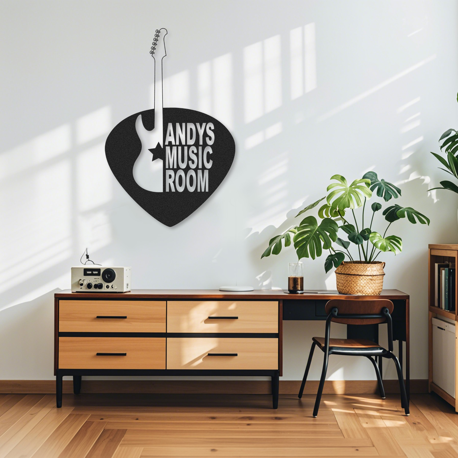 Personalized Guitar Pick Metal Sign, Custom Music Room Wall Art with Electric Guitar, Gift for Guitar Players