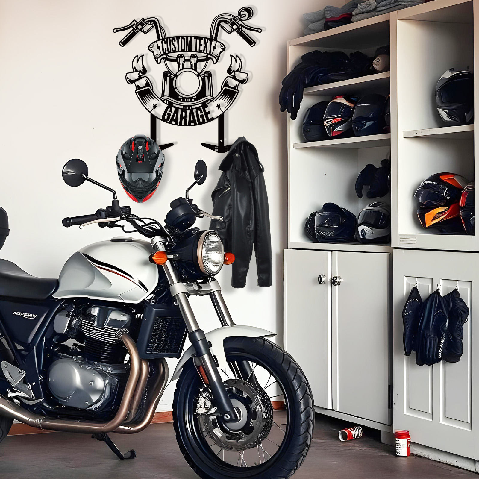 Personalized Garage Motorcycle Helmet Holder, Custom Name Metal Wall Mount Rack with Hooks, Biker Garage Wall Art Decor for Helmet, Jacket, Keys