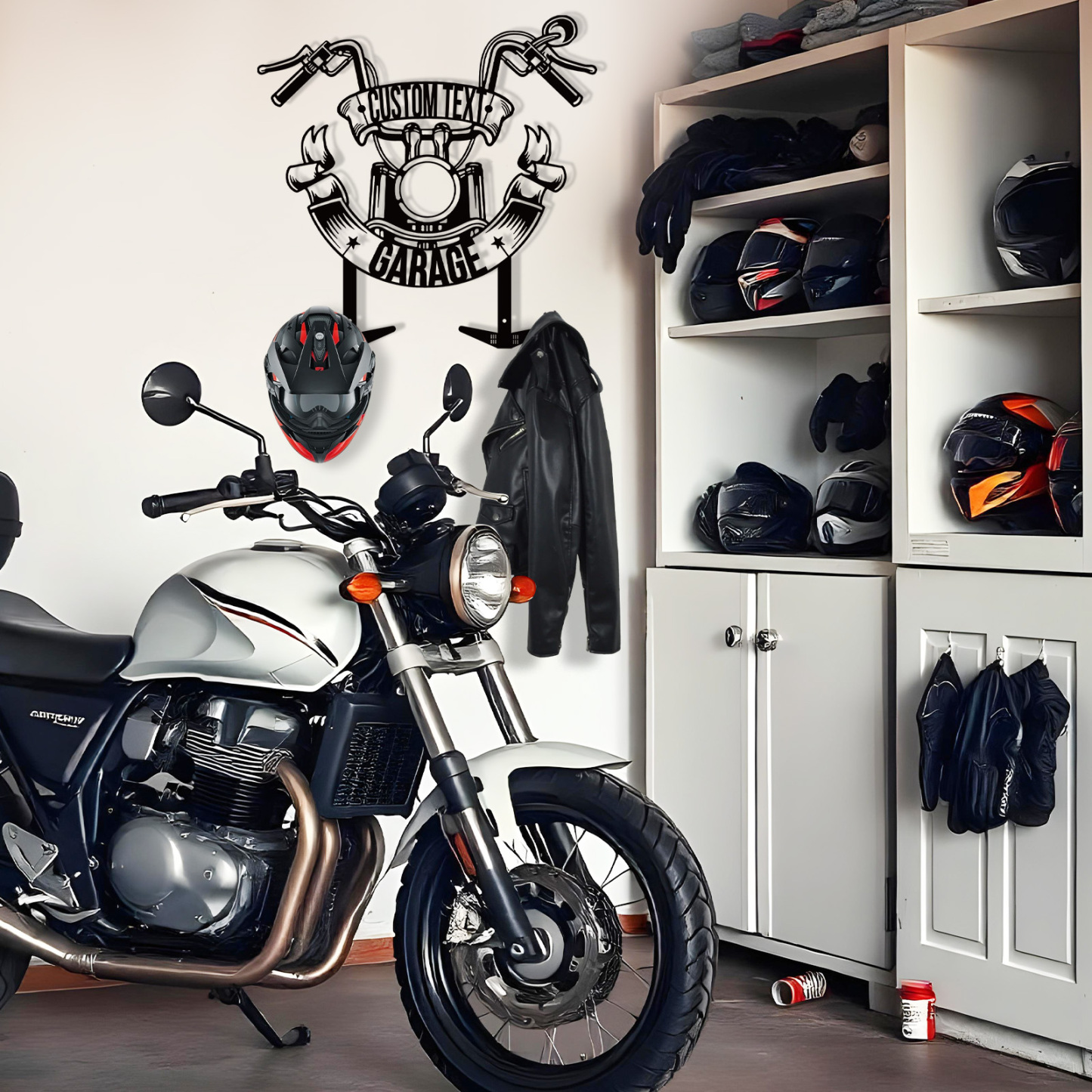 Personalized Garage Motorcycle Helmet Holder, Custom Name Metal Wall Mount Rack with Hooks, Biker Garage Wall Art Decor for Helmet, Jacket, Keys