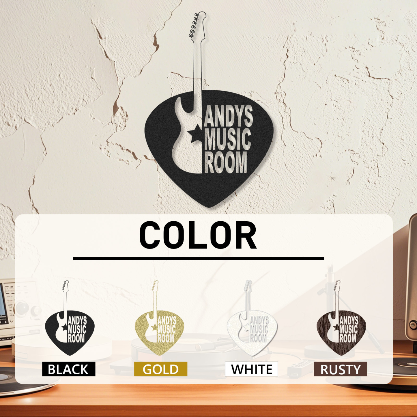 Personalized Guitar Pick Metal Sign, Custom Music Room Wall Art with Electric Guitar, Gift for Guitar Players