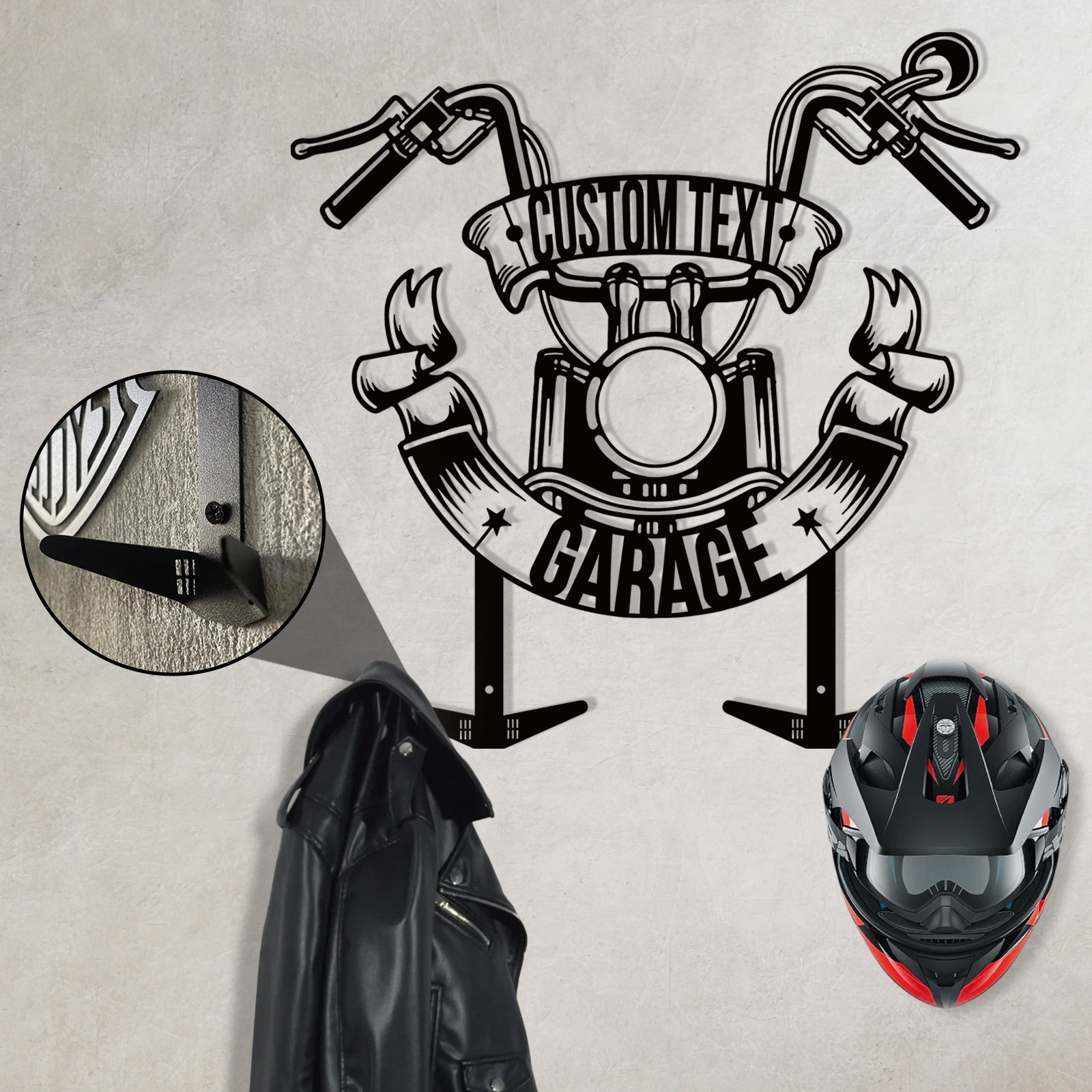 Personalized Garage Motorcycle Helmet Holder, Custom Name Metal Wall Mount Rack with Hooks, Biker Garage Wall Art Decor for Helmet, Jacket, Keys