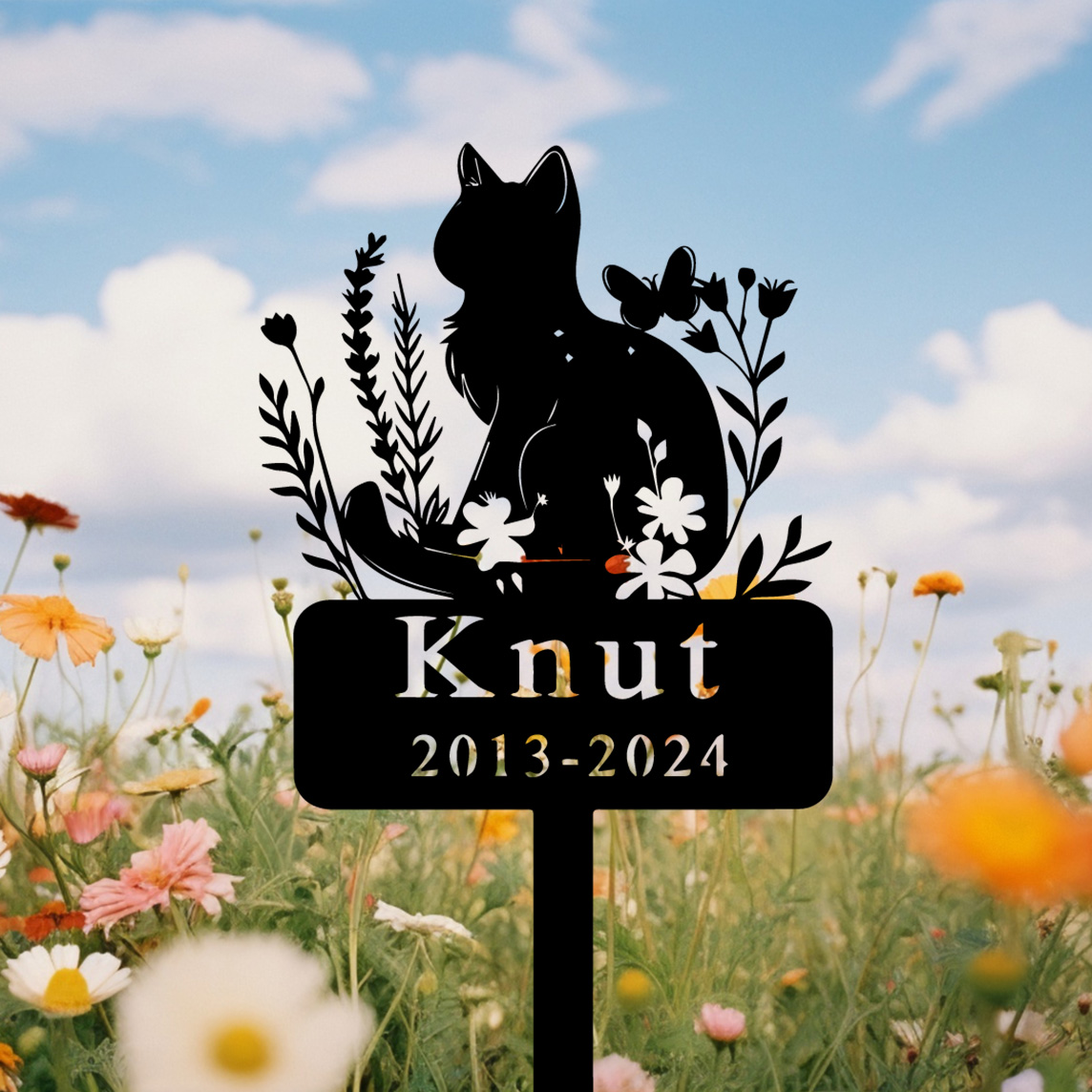 Personalized Cat Memorial Stake,Cat Metal Grave Marker with Flowers, Loss of Cat Sympathy Gift