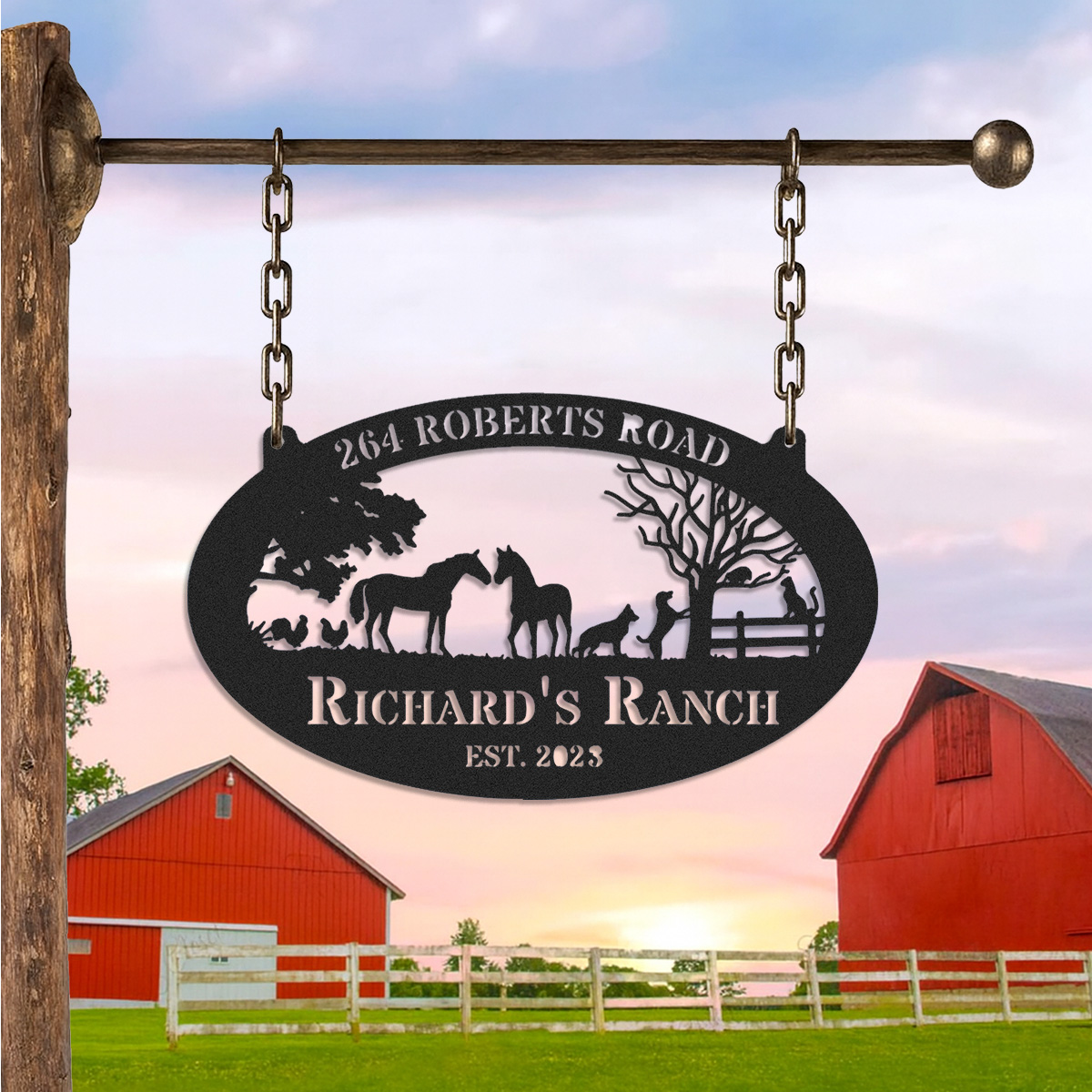 Personalized Ranch Metal Sign with Horses and Farm Animals, Custom Oval Farmhouse Entrance Sign, Outdoor Ranch Decor, Established Year Gift for Farmers