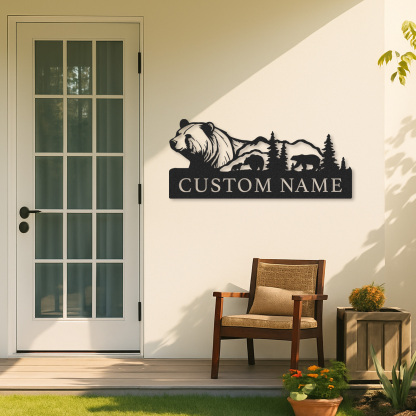 Bear Family Metal Sign Custom Name, Personalized Mountain Scene Sign for Cabin Decor or Outdoor Nature Gift
