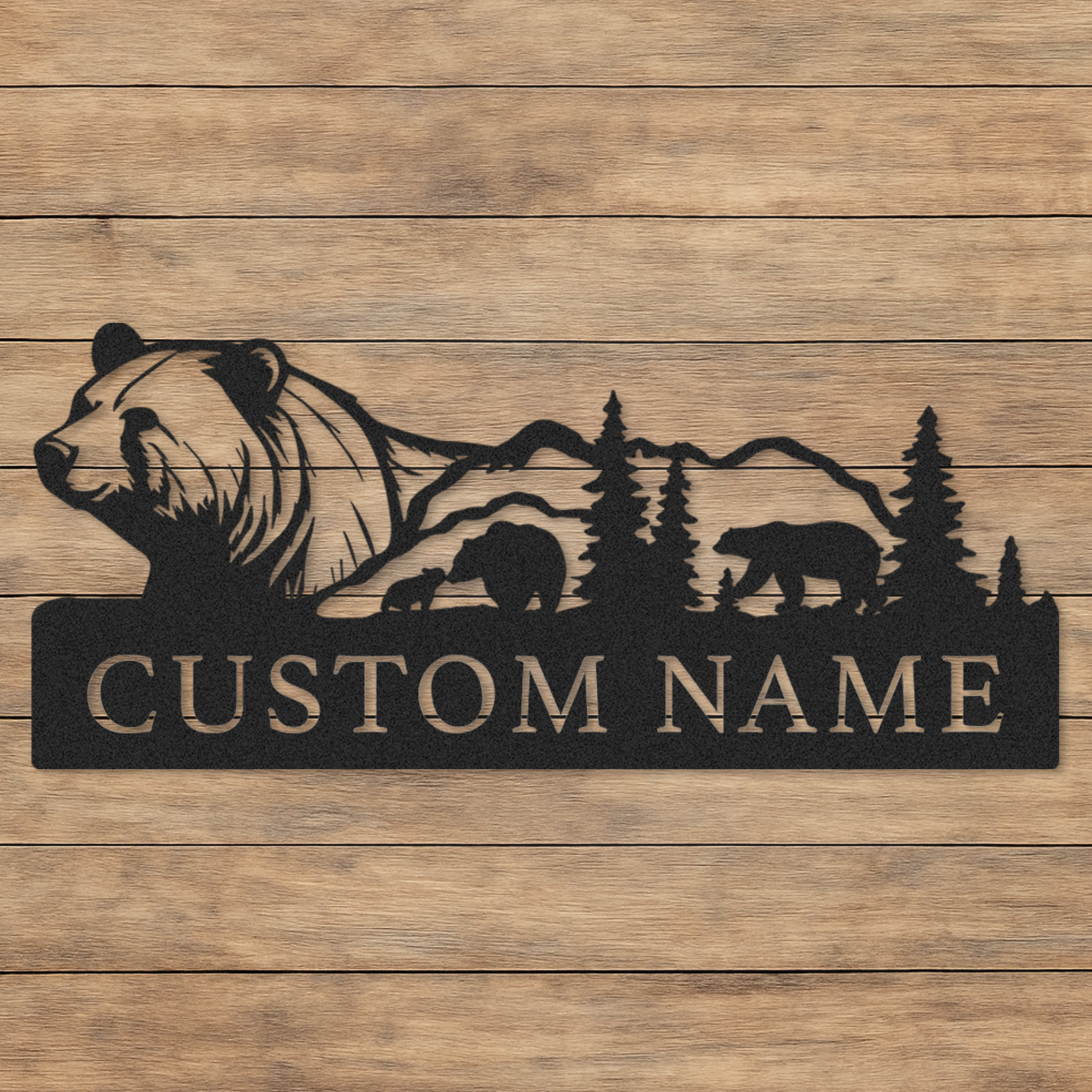 Bear Family Metal Sign Custom Name, Personalized Mountain Scene Sign for Cabin Decor or Outdoor Nature Gift
