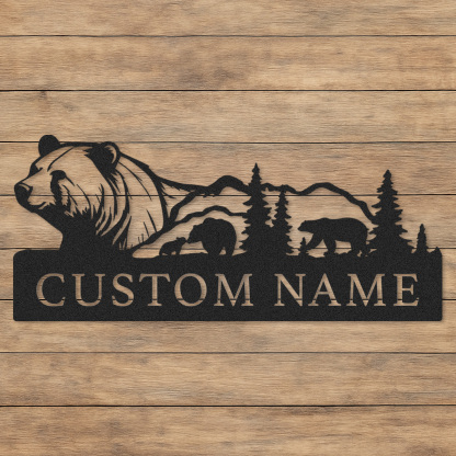 Bear Family Metal Sign Custom Name, Personalized Mountain Scene Sign for Cabin Decor or Outdoor Nature Gift