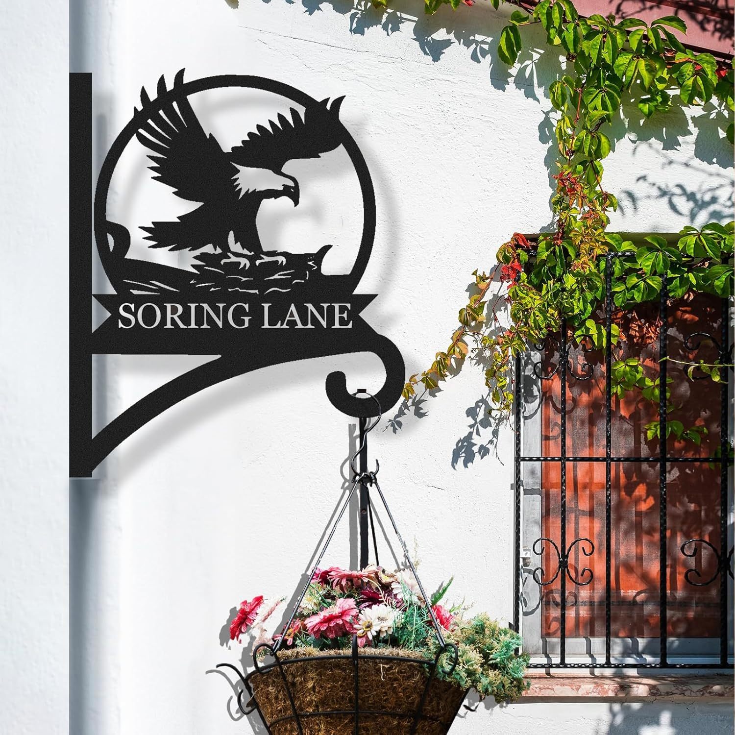 Personalized Iron Hanging Plant Bracket, Customizable Decorative Wall Plant Hanger Indoor Outdoor, Custom Name Bird Feeder Hook, Anti Rust Metal Hook for Wind Chimes Lantern