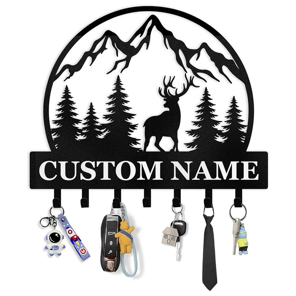 Personalized Key Holder for Wall, Custom Forest Deer Key Rack Hanger with Hooks-MetalsignX