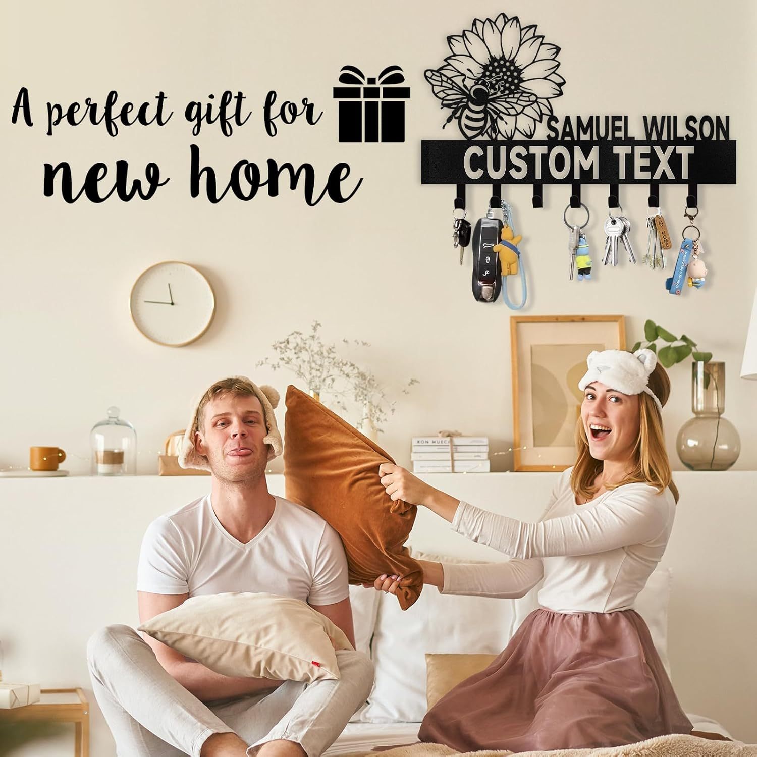 Personalized Key Holder Wall Mounted, Bee Flower Key Holder for Wall Decorative-MetalsignX