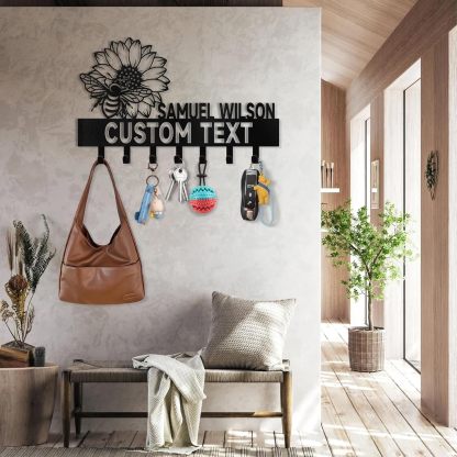 Personalized Key Holder Wall Mounted, Bee Flower Key Holder for Wall Decorative-MetalsignX