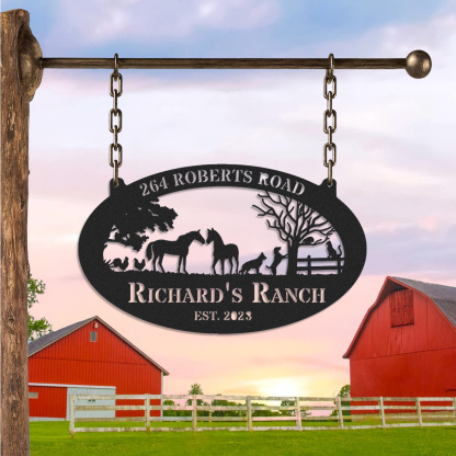 Personalized Ranch Metal Sign with Horses and Farm Animals, Custom Oval Farmhouse Entrance Sign, Outdoor Ranch Decor, Established Year Gift for Farmers