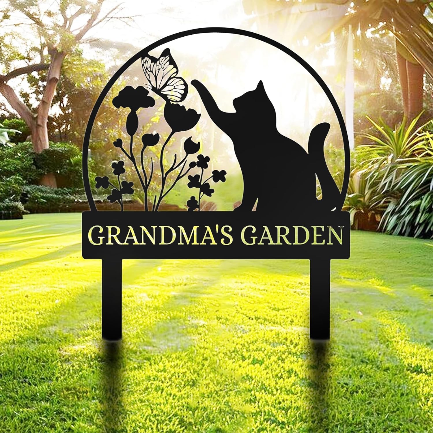 Custom Cat Garden Stake Sign, Funny Personalized Yard Decor, Butterfly & Pet Outdoor Metal Plaque-MetalsignX